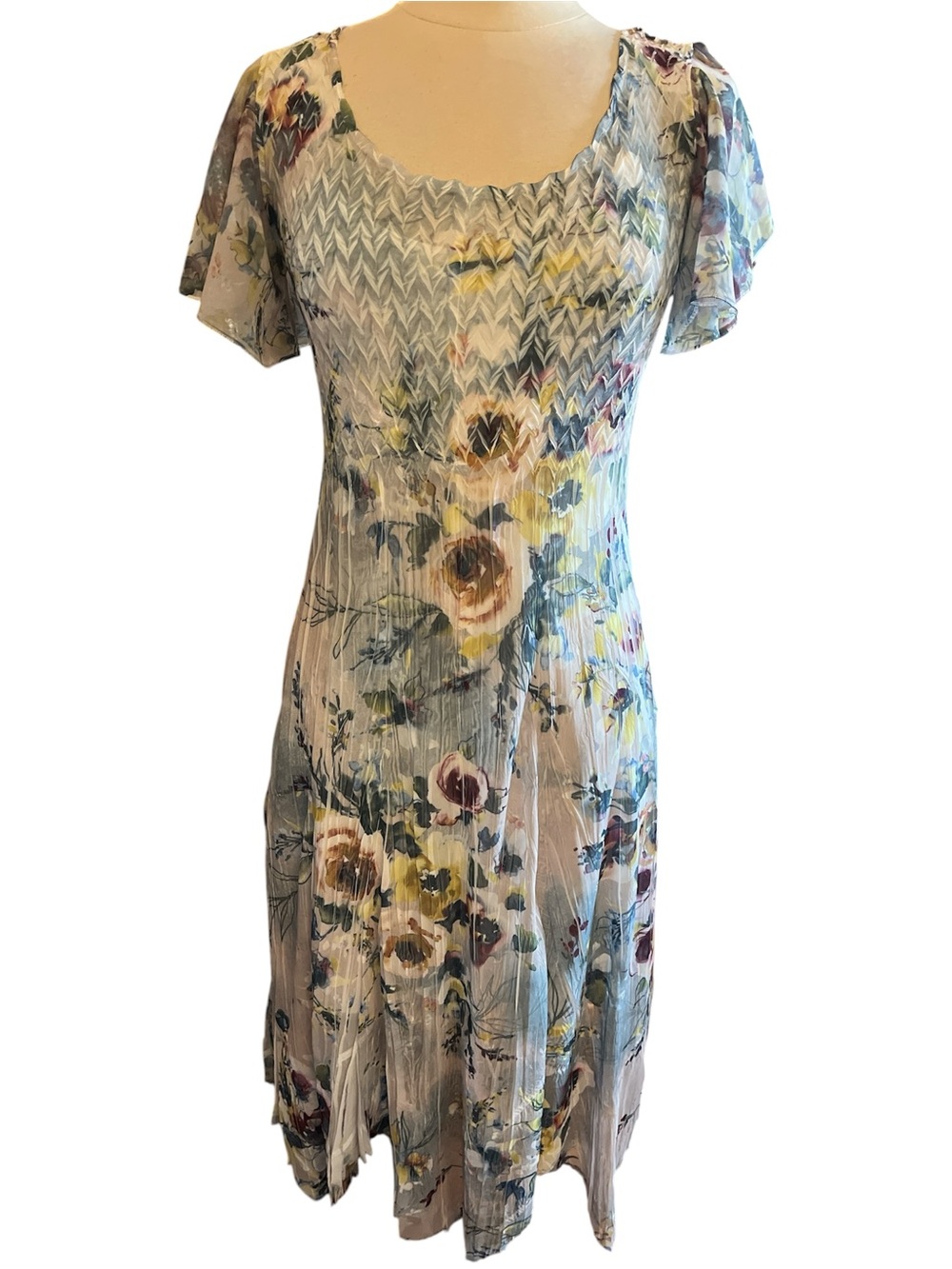 Komarov Light Blue Floral Midi Dress with Yellow,Purple, Accents size Medium